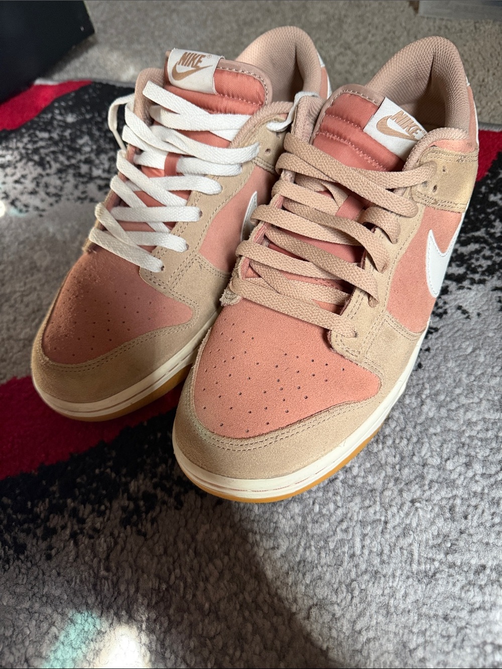 Nike Dunk Low-Top Sneakers in Peach and Tan with White Swoosh